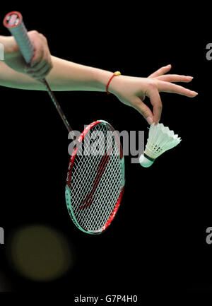 China's Huang Yaqiong prepares to serve during day two of the 2015 Yonex All England Badminton Championships at the Barclaycard Arena, Birmingham. Stock Photo