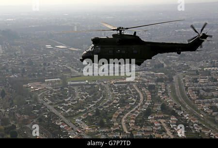 Helicopter stock. An RAF Puma helicopter from at RAF Benson flies over Oxfordshire. Stock Photo