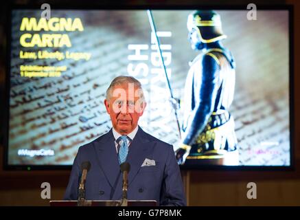 The Prince of Wales delivers a speech during a visit to open the Magna Carta: Law, Liberty, Legacy exhibition at the British Library, London. Stock Photo