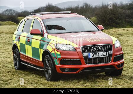 A state-of-the-art Welsh Government-funded Audi Q7 4x4 Critical Care Team vehicle during a during a live multi-agency training exercise near Newport in Wales. Stock Photo