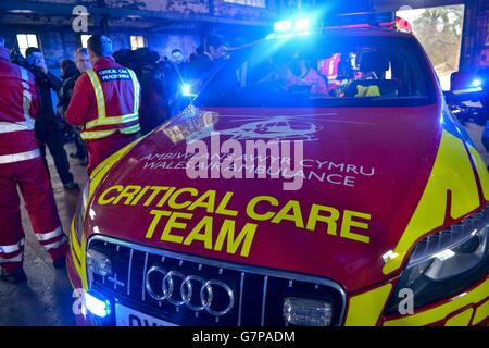 A state-of-the-art Welsh Government-funded Audi Q7 4x4 Critical Care Team vehicle during a during a live multi-agency training exercise near Newport in Wales. Stock Photo
