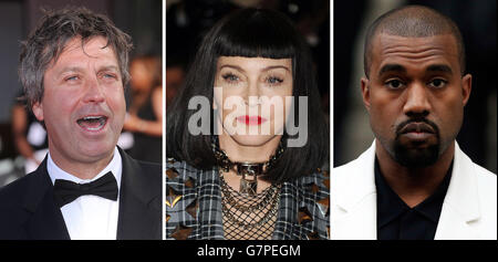 File photos of (from the left) John Torode, Madonna and Kanye West. Stock Photo