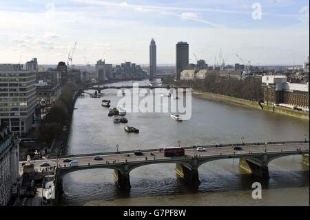 A view of Westminster Bridge and Lambeth Bridge (rear) looking towards Vauxhall, London, from the Coca-Cola London Eye. Stock Photo
