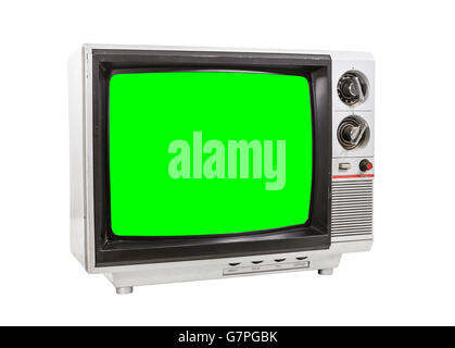 Old vintage television isolated on white with chroma key green screen. Stock Photo