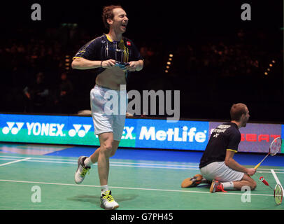 Denmark's Mathias Boe (left) Casten Mogensen (right) celebrates after winning the Mens Doubles after beating China's Fu Haifeng and Zhang Nan during The Yonex All England Open 2015 Stock Photo