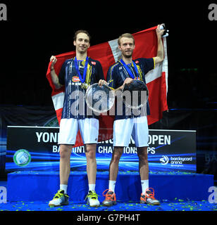 Denmark's Mathias Boe (left) and Casten Mogensen (right) celebrates after winning the Mens Doubles beating China's Fu Haifeng and Zhang Nan during The Yonex All England Open 2015 Stock Photo