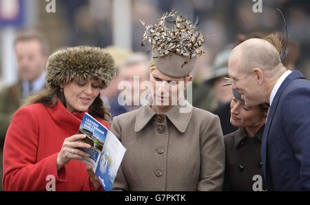 Zara Philips (second from left) and husband Mike Tindall (right) on Gold Cup Day during the Cheltenham Festival at Cheltenham Racecourse. Stock Photo