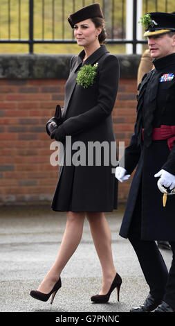 The Duchess of Cambridge during a visit to Mons Barracks in Aldershot, Hampshire, as the Irish Guards regiment marks St Patrick's Day. Stock Photo