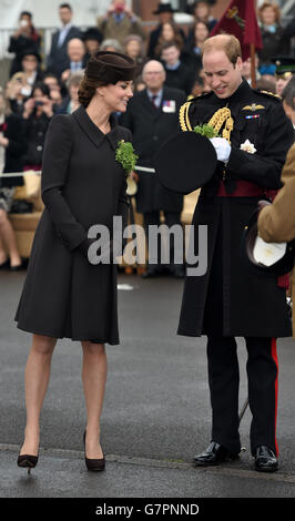 The Duke and Duchess of Cambridge during their visit to Mons Barracks in Aldershot, Hampshire, as the Irish Guards regiment marks St Patrick's Day. Stock Photo