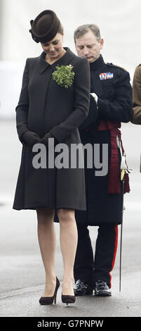 The Duchess of Cambridge during a visit of the 1st Battalion Irish Guards at the St. Patrick's Day Parade at Mons Barracks, Aldershot, Hampshire, to mark St Patrick's Day today. Stock Photo