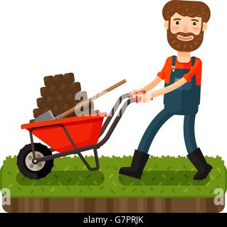 Happy farmer pushing a cart with black earth. Cartoon vector illustration Stock Vector