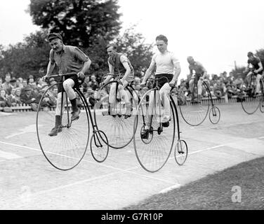 Cycling - Herne Hill - Penny Farthing Race - London - 1932. A penny farthing race. The penny-farthing was the first bicycle with which speed and distance could be achieved in a practical fashion. Stock Photo