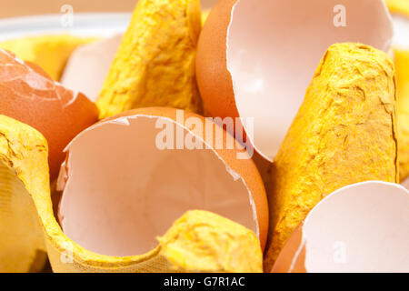 Close up shot of some broken egg shells in a yellow egg carton Stock Photo