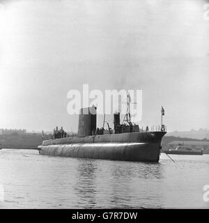 The oberon class submarine Okanagan, built for the Royal Canadian Navy, shortly after her launch from Chatham Dockyard, Kent. She was named by Madame Cadieux, wife of the Associate Minister of National Defence for Canada. Okanagan is the third and last of the present series of Oberon class submarines built for Canada. She will be ready for service in about a year. Stock Photo