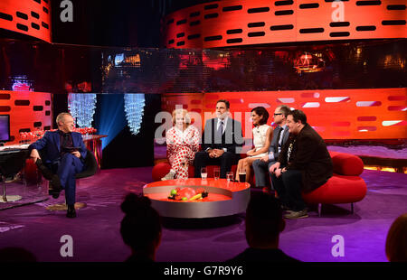 Graham Norton, Jennifer Saunders, David Walliams, Cheryl Fernandez-Versini, Jack Dee and Johnny Vegas during filming of the Graham Norton Comic Relief Show at the London Studios, in central London. Stock Photo