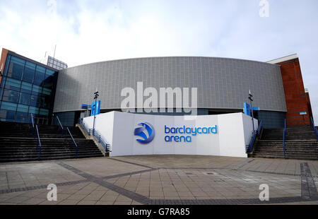 A general view of the Barclaycard Arena during day two of the 2015 Yonex All England Badminton Championships at the Barclaycard Arena, Birmingham. Stock Photo
