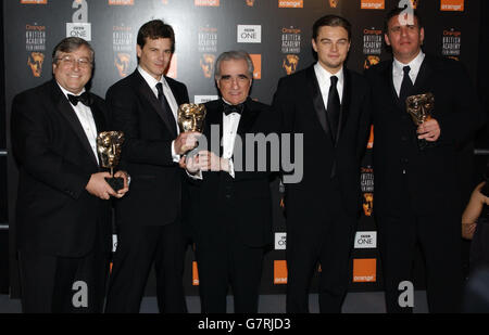 (left-right) Producer Sandy Climan, producer Charles Evans Jr, Director Martin Scorsese, Actor Leonardo DiCaprio and producer Graham KIng receive the Best Film award for The Aviator. Stock Photo