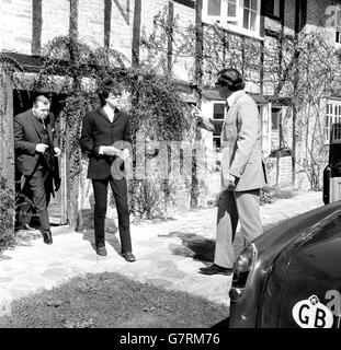 Keith Richards, lead guitarist with the Rolling Stones, leaving his home at West Wittering, Sussex, for Chichester, where he appeared at West Sussex Quarter Sessions on a charge under the Dangerous Drugs Act, 1965. He has pleaded not guilty. The hearing was later adjourned until tomorrow. Stock Photo