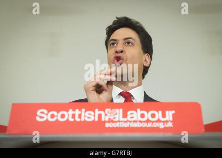 Labour leader Ed Miliband delivers a speech at Clydebank Town Hall in Clydebank, Scotland. Stock Photo