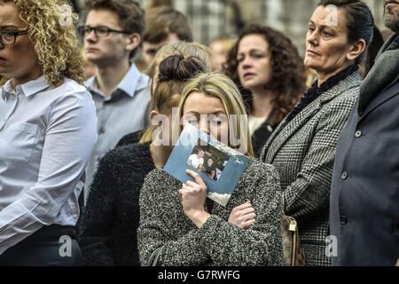 Mourners outside St Mary the Virgin Church, Barry, Wales, after the funeral service of 17-year-old Corey Price, one of three teenagers killed in a car crash near Brecon earlier this month, arrives at St Mary the Virgin Church, Barry, Wales. Stock Photo