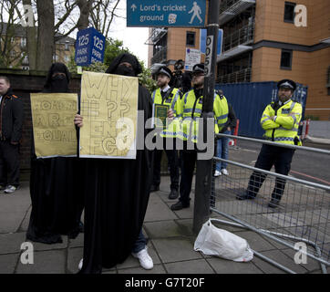 Protest outside London Mosque. Protesters outside the London Central Mosque and Islamic Cultural Centre in London.