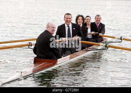 Four times Olympic gold medallist Sir Matthew Pinsent (second left), with a volunteer corporate crew, launching his 'Corporate Regatta' - an event for novice crews who will compete on the London 2012 Olympic bid rowing lake. Stock Photo