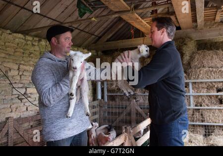 Prime Minister David Cameron (right) helps farmer Julian Tustian to feed newborn lambs at Dean Lane Farm near his home in Oxfordshire, earlier attending an Easter Sunday service with his wife Samantha. Stock Photo