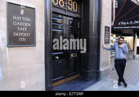 A general view of the Hatton Garden Safe Deposit company, in London, as burglars using heavy cutting equipment have broken into several safety deposit boxes in a vault at the deposit company, the raid is thought to have happened over the Easter bank holiday weekend. Stock Photo