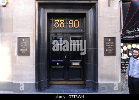 A general view of the Hatton Garden Safe Deposit company, in London, as burglars using heavy cutting equipment have broken into several safety deposit boxes in a vault at the deposit company, the raid is thought to have happened over the Easter bank holiday weekend. Stock Photo