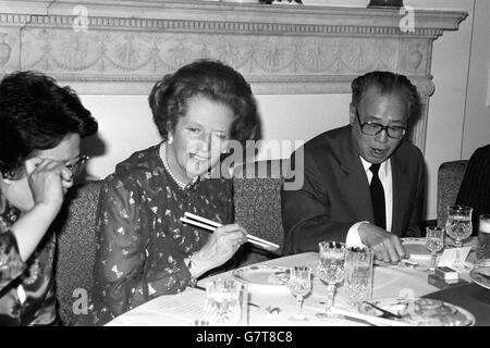Prime Minister Margaret Thatcher at the Chinese Embassy in London, where she attended a dinner hosted by visiting Chinese Premier Zhao Ziyang. Stock Photo
