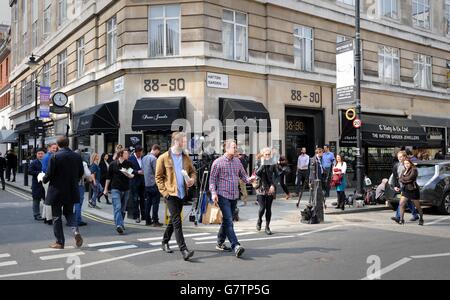 A general view of the Hatton Garden Safe Deposit company, in London, as burglars using heavy cutting equipment have broken into several safety deposit boxes in a vault at the deposit company, the raid is thought to have happened over the Easter bank holiday weekend. Stock Photo