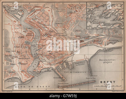 BREST town city plan de la ville. Finistère. Rade de Brest carte, 1899 old map Stock Photo