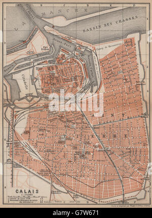 CALAIS antique town city plan de la ville. Pas-de-Calais carte, 1905 old map Stock Photo