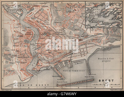 BREST town city plan de la ville. Finistère. Rade de Brest carte, 1905 old map Stock Photo