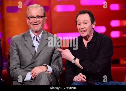 Harry Enfield and Paul Whitehouse pictured during filming of The Graham Norton Show at the London Studios, in central London. Stock Photo