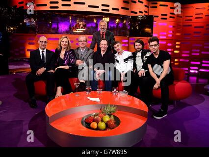 Graham Norton pictured with Stanley Tucci, Kim Cattrall, Harry Enfield, Paul Whitehouse and Years & Years during filming of The Graham Norton Show at the London Studios, in central London. Stock Photo