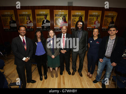 Some of the subjects of the posters (left to right) barrister S Chelvan (from Sri Lanka), teacher/deputy head Baljeet Ghale (Kenya), journalist Lisa Pollack (USA), bus driver Mohammad Taj (Kashmir), comedian Prince Abdi (Somalia), England touch rugby player Lois Lau (Malaysia) and student Farasat Ahmed (Pakistan) during a press conference for the Movement Against Xenophobia (MAX) launch of thousands of posters across the UK to celebrate immigrants, in the run up to the general election, at Congress House in London. Stock Photo