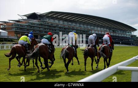 Horse Racing - Discover Ascot Raceday - Ascot Racecourse. Runners and riders head off from the start in the Longines Sagaro Stakes during Discover Ascot Raceday at Ascot Racecourse, Ascot. Stock Photo