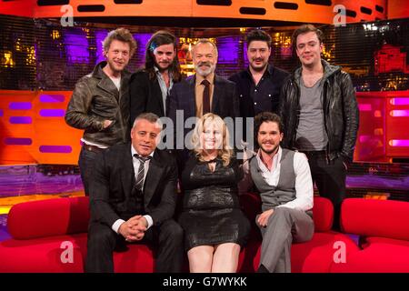 Host Graham Norton with guests Matt LeBlanc, Rebel Wilson, Kit Harington and Mumford and Sons during filming of the Graham Norton Show, at the London Studios, south London. Stock Photo