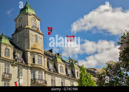 Flags Flying From The Grand Hotel Oslo Norway Stock Photo