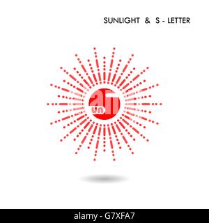 Red circle sign and Sun icon.Sunlight sign.Creative S-letter icon abstract logo design.S-alphabet and Sunlight symbol.Vector ill Stock Vector