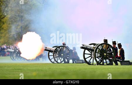 Members of the King's Troop Royal Horse Artillery fire a 41-gun royal salute marking the birth of the Duke and Duchess of Cambridge's baby princess, in Hyde Park, London. Stock Photo