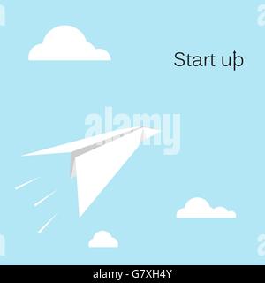 Paper rocket icon with white cloud on sky background.Start up new business project concept,business take off,project . Stock Vector