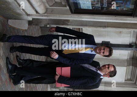 Liberal Democrat Party leader Nick Clegg (centre) arrives at a Westminster hustings staged by community organising charity Citizens UK at Central Hall Westminster in London. Stock Photo