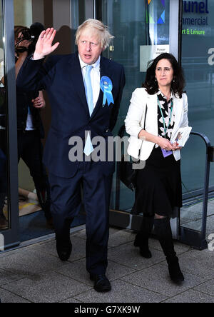 Mayor of London and Conservative MP for Uxbridge and South Ruislip Boris Johnson leaves Brunel University with his wife Marina after the General Election count. Stock Photo