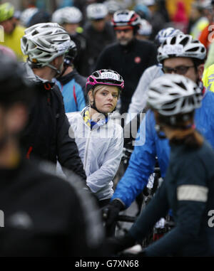 Cyclists take part in the Marie Curie Cancer Care Etape Caledonia cycle race in Pitlochry, Scotland. Stock Photo