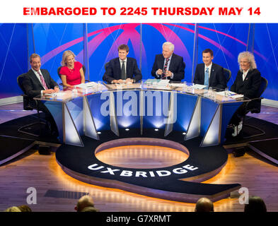 (Left - right) Ukip leader Nigel Farage, Editor-in-Chief for The Economist Zanny Minton Beddoes, shadow education secretary Tristram Hunt, chair David Dimbleby, Health Secretary Jeremy Hunt and Brian May during filming of the BBC1 programme Question Time, in Uxbridge. Stock Photo