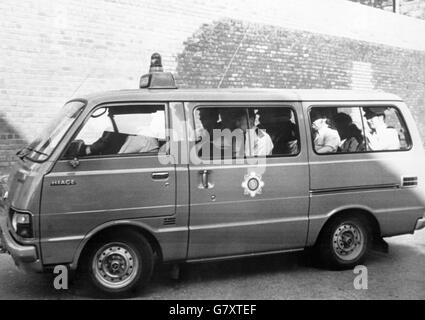 Two men charged with the murder of Lord Mountbatten of Burma arrive at Dublin's anti-terrorist Special Criminal Court. Francis McGirl, 24, of Co Leitrim, and Thomas McMahon, 31, of Co Monaghan, were remanded in custody on the charge. Lord Mountbatten, his grandson Nicholas, the Dowager Lady Brabourne and a teenage boat boy died when a terrorist bomb ripped apart the Earl's boat off the County Sligo coast. Stock Photo