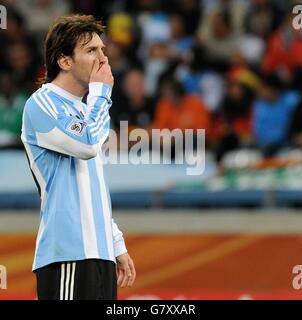 Argentina's Lionel Messi reacts after the 2010 FIFA World Cup quarterfinal match between Argentina and Germany at the Green Point Stadium in Cape Town, South Africa 03 July 2010. Photo: Marcus Brandt dpa - Please refer to http://dpaq.de/FIFA-WM2010-TC    (c) dpa - Bildfunk    | usage worldwide Stock Photo