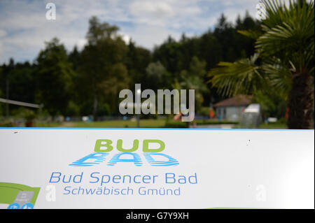 Schwaebisch Gmuend, Germany. 28th June, 2016. The logo of the Bud Spencer public pool in Schwaebisch Gmuend, Germany, 28 June 2016. The visitors of the public pool named after Italian actor Carlo Pedersoli (also known as Bud Spencer) commemorate him after his death. PHOTO: JAN-PHILIPP STROBEL/dpa/Alamy Live News Stock Photo